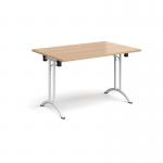 Rectangular folding leg table with white legs and curved foot rails 1200mm x 800mm - beech