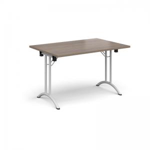 Rectangular folding leg table with white legs and curved foot rails