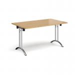 Rectangular folding leg table with chrome legs and curved foot rails 1400mm x 800mm - oak