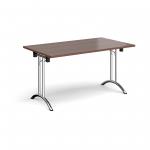 Rectangular folding leg table with chrome legs and curved foot rails 1400mm x 800mm - walnut