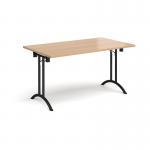 Rectangular folding leg table with black legs and curved foot rails 1400mm x 800mm - beech