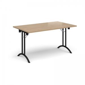 Rectangular folding leg table with black legs and curved foot rails