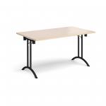 Rectangular folding leg table with black legs and curved foot rails 1400mm x 800mm - maple