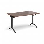 Rectangular folding leg table with black legs and curved foot rails 1400mm x 800mm - walnut
