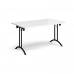 Rectangular folding leg table with black legs and curved foot rails 1400mm x 800mm - white