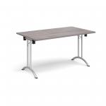Rectangular folding leg table with silver legs and curved foot rails 1400mm x 800mm - grey oak CFL1400-S-GO