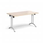 Rectangular folding leg table with silver legs and curved foot rails 1400mm x 800mm - maple