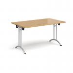 Rectangular folding leg table with silver legs and curved foot rails 1400mm x 800mm - oak CFL1400-S-O