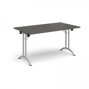 Rectangular folding leg table with silver legs and curved foot rails