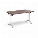Rectangular folding leg table with silver legs and curved foot rails 1400mm x 800mm - walnut