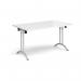 Rectangular folding leg table with silver legs and curved foot rails 1400mm x 800mm - white CFL1400-S-WH