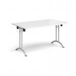 Rectangular folding leg table with silver legs and curved foot rails 1400mm x 800mm - white CFL1400-S-WH