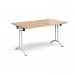 Rectangular folding leg table with white legs and curved foot rails 1400mm x 800mm - beech