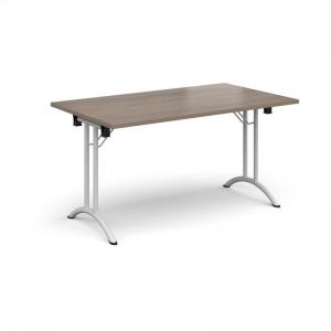 Rectangular folding leg table with white legs and curved foot rails