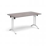 Rectangular folding leg table with white legs and curved foot rails 1400mm x 800mm - grey oak CFL1400-WH-GO