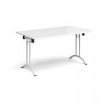 Rectangular folding leg table with white legs and curved foot rails 1400mm x 800mm - white