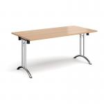 Rectangular folding leg table with chrome legs and curved foot rails 1600mm x 800mm - beech