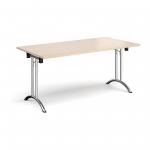 Rectangular folding leg table with chrome legs and curved foot rails 1600mm x 800mm - maple