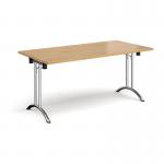 Rectangular folding leg table with chrome legs and curved foot rails 1600mm x 800mm - oak