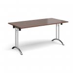 Rectangular folding leg table with chrome legs and curved foot rails 1600mm x 800mm - walnut