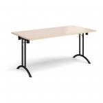 Rectangular folding leg table with black legs and curved foot rails 1600mm x 800mm - maple