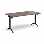 Rectangular folding leg table with black legs and curved foot rails 1600mm x 800mm - walnut