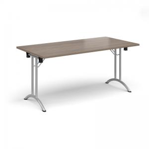 Rectangular folding leg table with silver legs and curved foot rails