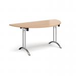 Semi circular folding leg table with chrome legs and curved foot rails 1600mm x 800mm - beech