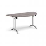 Semi circular folding leg table with chrome legs and curved foot rails 1600mm x 800mm - grey oak CFL1600S-C-GO