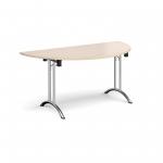 Semi circular folding leg table with chrome legs and curved foot rails 1600mm x 800mm - maple