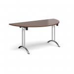 Semi circular folding leg table with chrome legs and curved foot rails 1600mm x 800mm - walnut