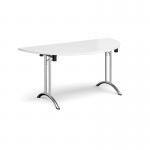 Semi circular folding leg table with chrome legs and curved foot rails 1600mm x 800mm - white
