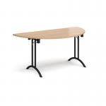 Semi circular folding leg table with black legs and curved foot rails 1600mm x 800mm - beech