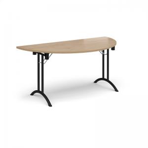 Semi circular folding leg table with black legs and curved foot rails