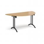 Semi circular folding leg table with black legs and curved foot rails 1600mm x 800mm - oak
