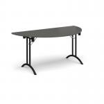 Semi circular folding leg table with black legs and curved foot rails 1600mm x 800mm - Onyx Grey CFL1600S-K-OG