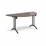 Semi circular folding leg table with black legs and curved foot rails 1600mm x 800mm - walnut