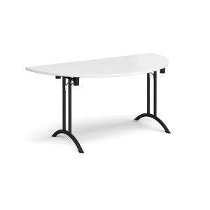 Semi circular folding leg table with black legs and curved foot rails