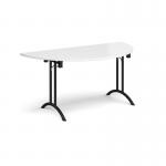 Semi circular folding leg table with black legs and curved foot rails 1600mm x 800mm - white