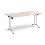 Rectangular folding leg table with silver legs and curved foot rails 1600mm x 800mm - maple