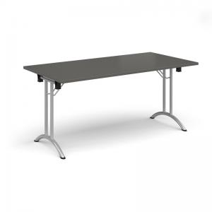 Rectangular folding leg table with silver legs and curved foot rails