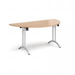 Semi circular folding leg table with silver legs and curved foot rails 1600mm x 800mm - beech