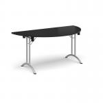 Semi circular folding leg table with silver legs and curved foot rails 1600mm x 800mm - Black CFL1600S-S-BK