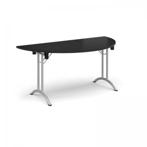 Semi circular folding leg table with silver legs and curved foot rails