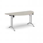 Semi circular folding leg table with silver legs and curved foot rails 1600mm x 800mm - Light Grey CFL1600S-S-LG