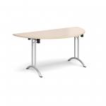 Semi circular folding leg table with silver legs and curved foot rails 1600mm x 800mm - maple