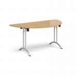 Semi circular folding leg table with silver legs and curved foot rails 1600mm x 800mm - oak