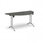 Semi circular folding leg table with silver legs and curved foot rails 1600mm x 800mm - Onyx Grey CFL1600S-S-OG