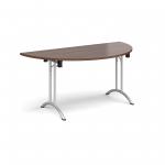 Semi circular folding leg table with silver legs and curved foot rails 1600mm x 800mm - walnut