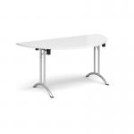 Semi circular folding leg table with silver legs and curved foot rails 1600mm x 800mm - white CFL1600S-S-WH